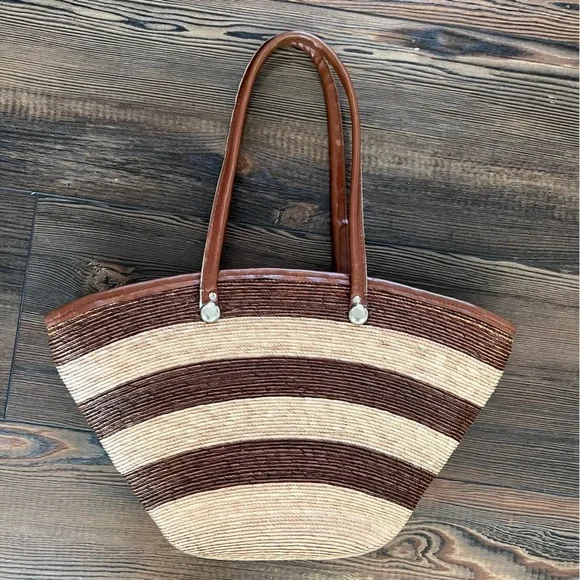 Brown Tan Striped Straw Bag Zipper Closure Double Straps - Picture 3 of 10